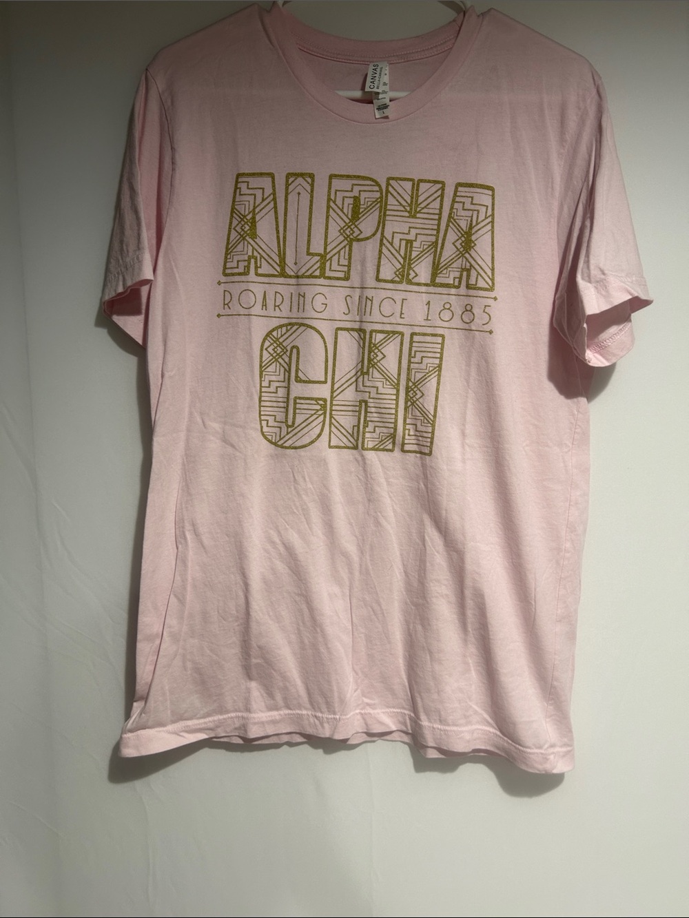 Bella Canvas Pink Tee with Gold Alpha Chi Print